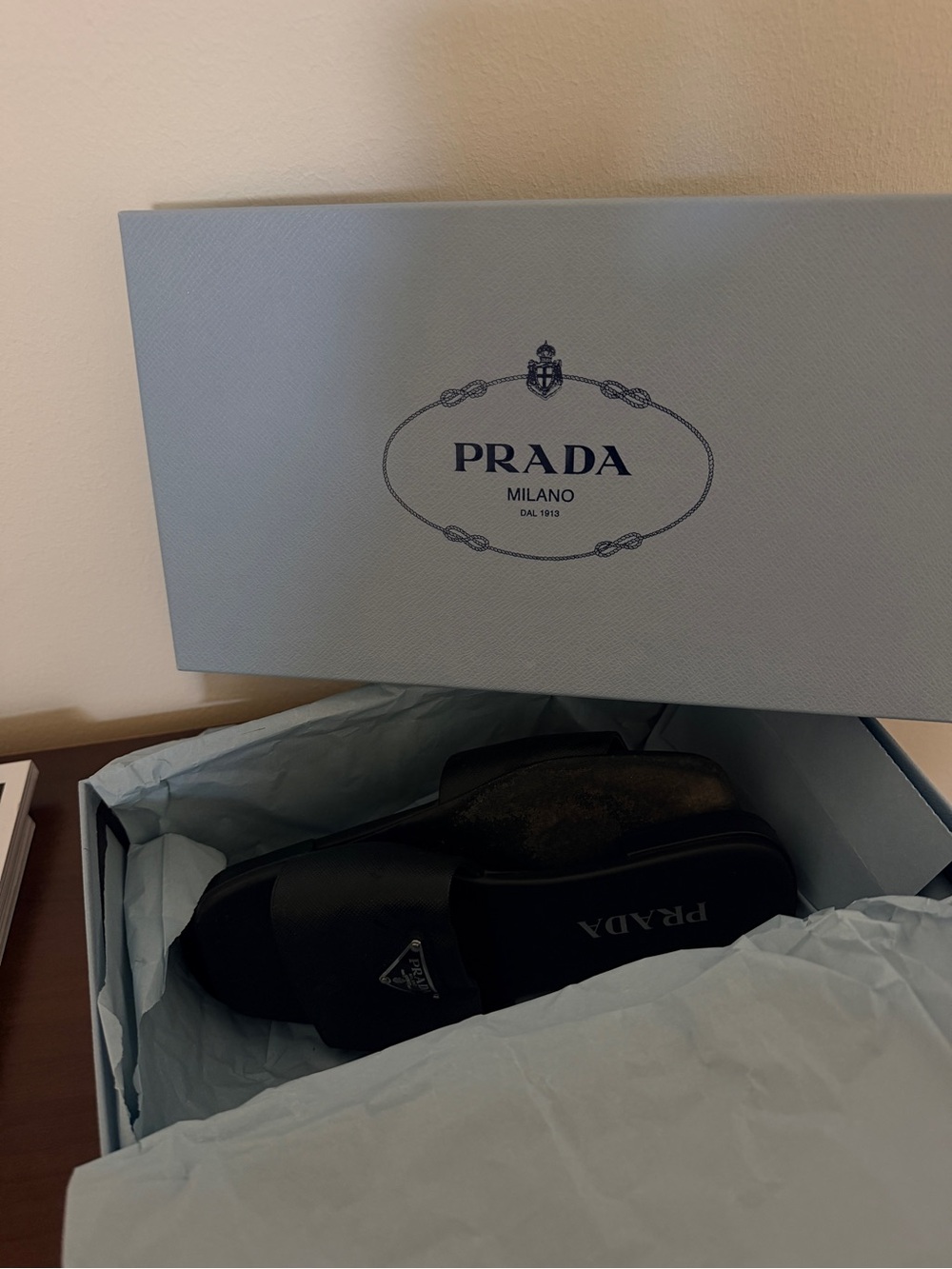 Prada Black Logo Leather Slide Sandals - Picture 2 of 9